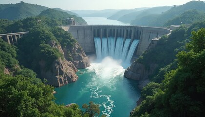 Massive concrete hydroelectric dam with water spillways in green mountain landscape. Impressive infrastructure harnesses water power for renewable energy production, conservation, efficient