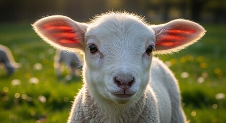 Fototapeta premium Adorable lamb in a field, looking directly at the camera, with soft sunlight illuminating its face.