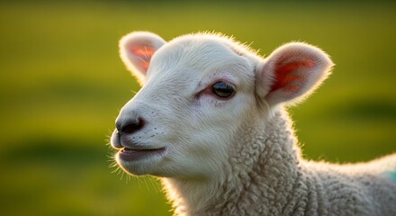 Fototapeta premium A young lamb basks in the golden evening light of a pasture.