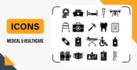 Solid-style icon pack representing essential medical and healthcare tools, including walker, crutch, gloves, mask, thermometer, stretcher, sanitizer, and patient care symbols. Perfect for hospital and