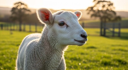 Fototapeta premium An adorable white lamb stands in a sunlit green pasture, backlit by the warm glow of the morning or evening sun.