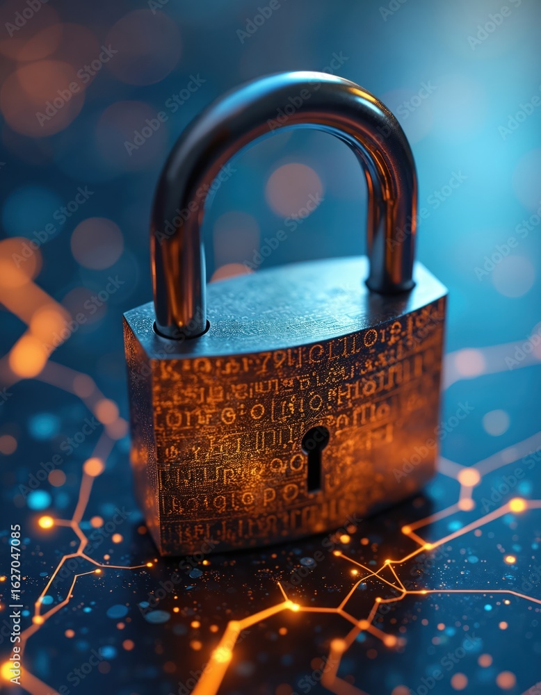 Poster padlock on digital circuit background cybersecurity, data protection. features encryption, access co