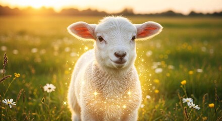 Obraz premium An adorable baby lamb surrounded by a magical golden glow stands in a sunlit meadow.