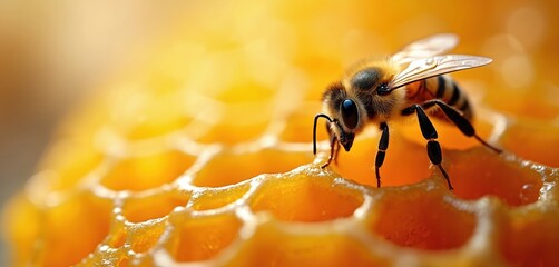 Macro view of honey bee on golden honeycomb. Close-up captures intricate hexagonal wax cells filled with sweet, liquid honey. Natural, healthy food source with propolis, beeswax. Vibrant yellow,