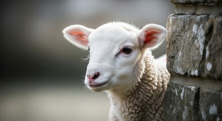 Obraz premium A curious young white lamb peeks its head from behind a rustic stone wall.