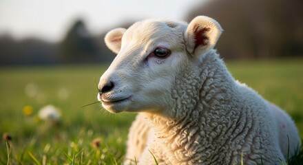 Obraz premium An adorable white lamb with soft wool rests peacefully in a lush green pasture during a warm sunset.