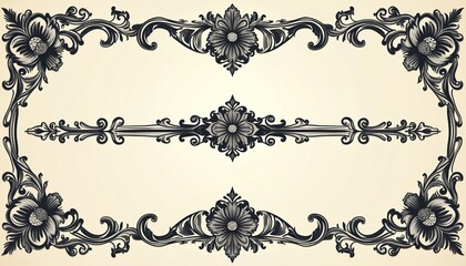 Fototapeta premium Elegant vintage illustration featuring ornate floral patterns, scrollwork. Decorative border design classic, retro aesthetic with luxurious embellishments. Perfect for stationery, invitations,