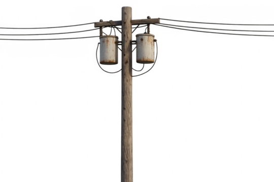 Old wooden telephone pole with transformers and cables on transparent background