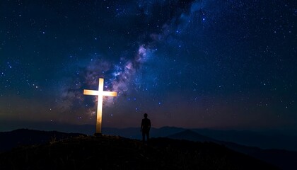 A lone figure stands atop a hill, gazing at a cross against a vibrant night sky filled with stars and the Milky Way