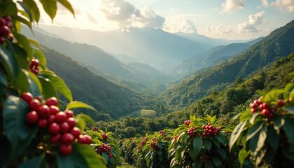 Coffee plants with ripe red berries grow on mountain slopes. Green foliage surrounds coffee trees ready for harvest. Organic beans cultivated in tropical highlands provide beans for world beverages.