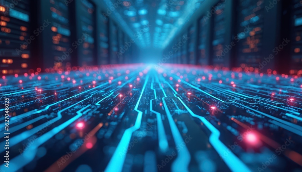 Poster abstract digital illustration of glowing blue circuit board pathways with red data points. futuristi