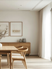 Spacious minimalist dining room with clean lines and a calm neutral color palette A large wooden dining table with smooth edges is the focal point surrounded by si