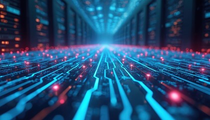 Obraz premium Abstract digital illustration of glowing blue circuit board pathways with red data points. Futuristic technology concept of big data, connectivity, software development, and cyber networks.