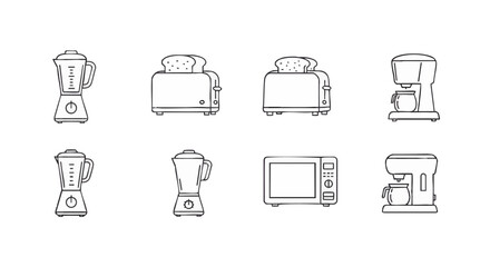 Line art illustration featuring a collection of kitchen appliances, including blenders, toasters, a microwave, and coffee makers, arranged in two rows on a white background.