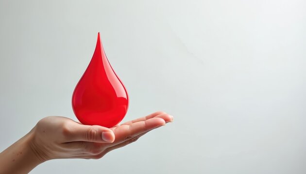 Hand cradles giant red blood drop symbol, representing lifesaving donation. Image promotes World Blood Donor Day, healthcare awareness, and donation advocacy with a focus on care and humanity.