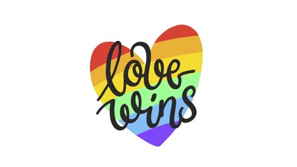 Hand-drawn 'Love Wins' lettering on a vibrant rainbow heart, symbolizing pride, equality, and LGBTQ+ celebration.