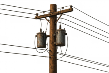 Wooden power pole distributing electricity with two transformers and transparent background