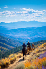 Fototapeta premium Family riding horses on scenic mountain trail