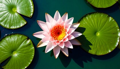 Pink lotus flower on green leaves in water