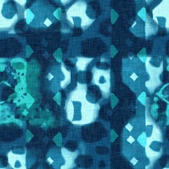 Abstract indigo blue batik dye seamless pattern, Organic bleed effect dyed wash background.
