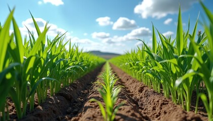 Obraz premium Vibrant green cornfield under sunny summer sky with fluffy clouds. Rows of healthy young corn plants grow in rich soil, creating a scenic agricultural landscape.