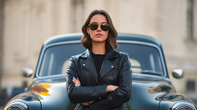 Fototapeta Stylish woman in leather jacket posing by vintage car