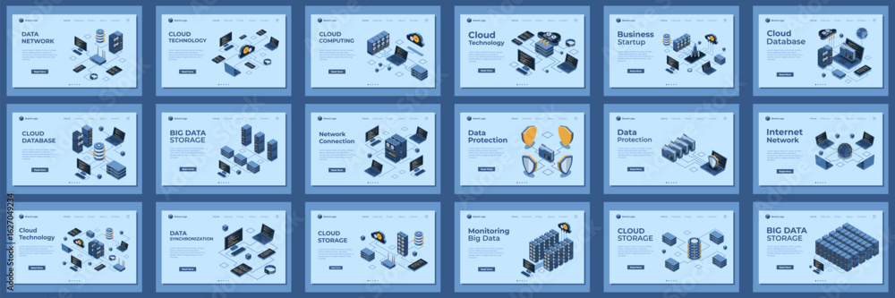 Poster large set of isometric landing page template. modern technology concept for cloud technology, web ho