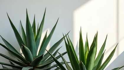 Agave plants with spiky leaves casting shadows against white wall. Plants under sunlight create sharp contrast. Minimalist nature photo of succulent plants. Botanical theme for eco design concept.