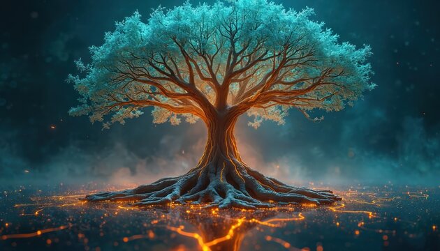 Abstract tree fuses nature, technology. Glowing branches with digital circuit roots shine in neon blue, green against futuristic landscape. Conceptual art represents organic growth, AI connections.