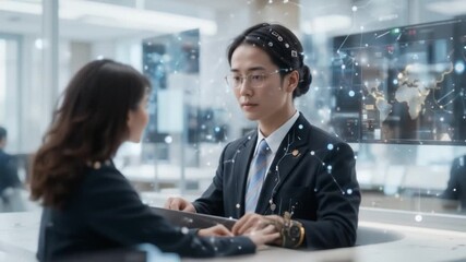 Futuristic Tech Meeting: Data Visualization & Collaboration in Modern Office - Powered by Adobe