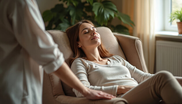 Woman experiences mental healing through hypnosis in relaxing therapy session with professional therapist. Seated comfortably, eyes closed, appearing calm, at peace. Scene suggests supportive