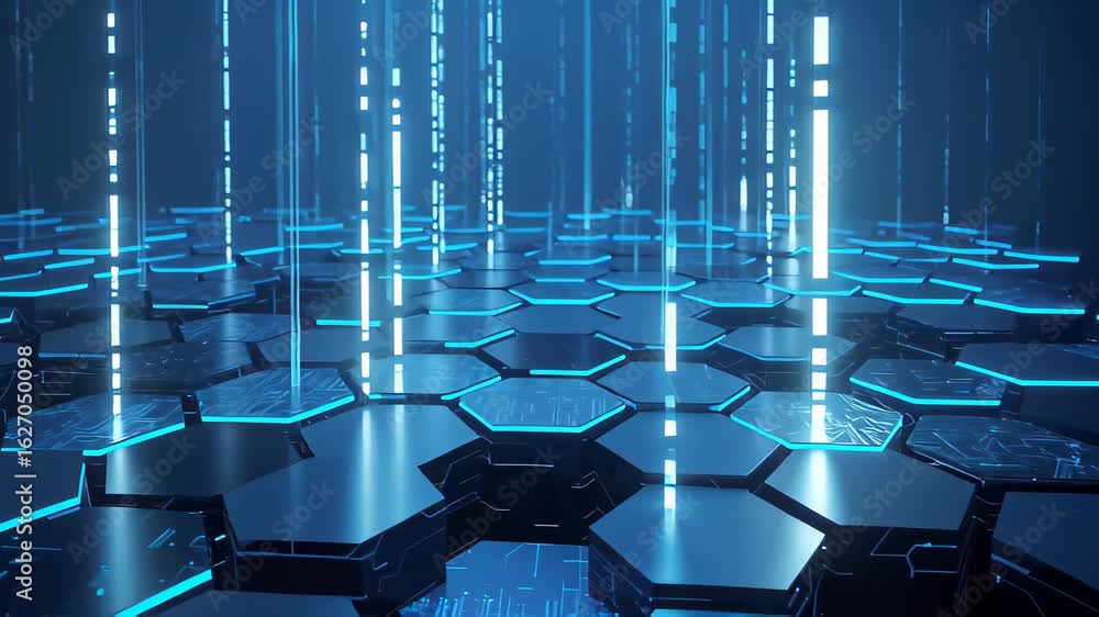 Poster futuristic hexagonal grid illuminates with vibrant technology in a modern setting