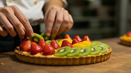 Fruit tart being decorated with kiwi slices and strawberries - Powered by Adobe