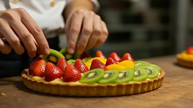 Fruit tart being decorated with kiwi slices and strawberries
