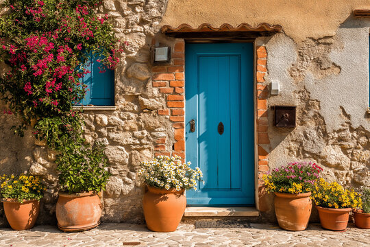 Mediterranean style front door, vibrant blue color, terracotta pots with flowers, rustic stone wall