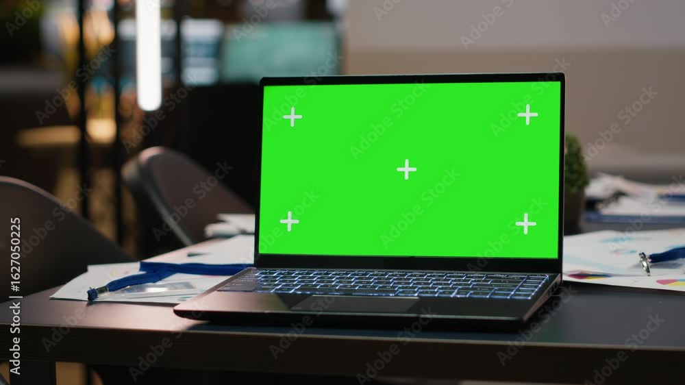 Poster boardroom table with a laptop running isolated mockup under night lights, performance projections an