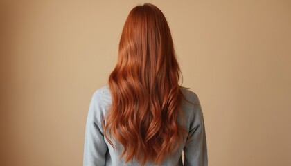 Naklejka premium Back view of woman with long, wavy, ginger hair against soft beige background. Wears simple grey sweater, presenting clean, elegant, minimalist aesthetic. Image perfect for fashion beauty content.