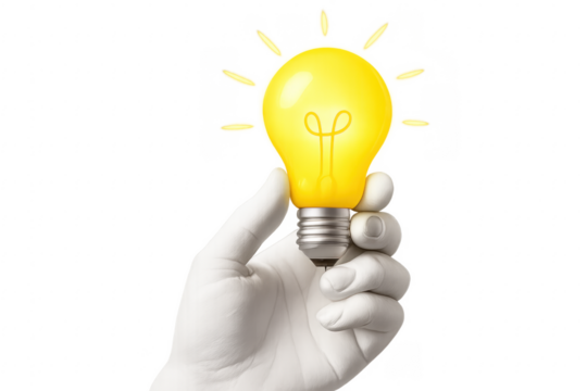 Hand holding illuminated light bulb with transparent background, concept of innovation