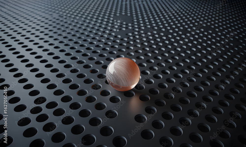 Poster sphere on perforated surface: a captivating close-up of a single, lustrous sphere rests upon a metic