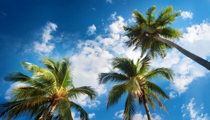 Obraz premium palm trees against the blue sky and clouds palm tree tops
