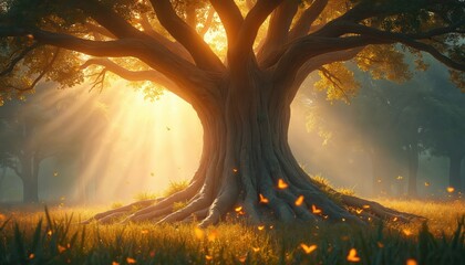 Giant ancient tree with luminous roots glows softly in serene forest clearing. Golden sunlight streams through branches illuminating mossy trunk, spreading roots. Butterflies flutter in magical,