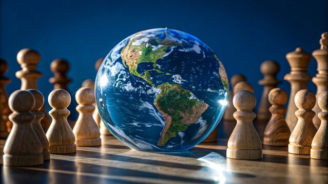 Realistic globe placed among wooden chess pawns representing global strategy, politics, diplomacy, leadership, competition, power, unity and international relations