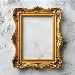 blank frame ratio 23 of a gold art frame or canvas from Renaissance era dynamic perspective close to the camera on neutral white wall background realistic
