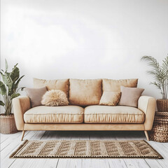 Cozy modern home interior beige and dark brown colors wooden floor big window carpet sofa with pollows houseplants White empty blank wall front view moody daylight