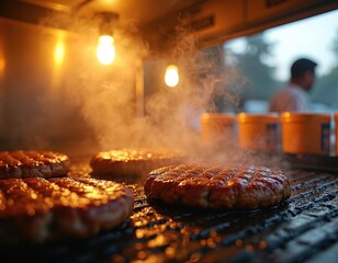 Juicy burgers sizzle on hot grill inside food truck. Steam rises around perfectly cooked patties. Warm lighting, blurred background of orange containers, person suggest busy, vibrant food service