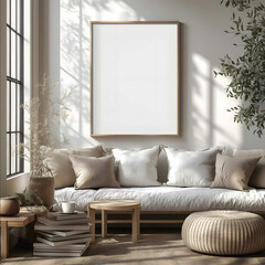 closeup shot of a framed blank DIN A sized poster mockup placed in a corner of a room with props like stack of books and coffee cup with Scandi style in style of wa