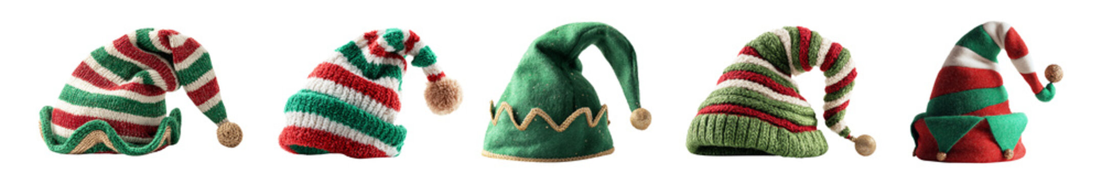 Set of elf hats isolated on transparent background. Concept of Happy New Year and Merry Christmas.