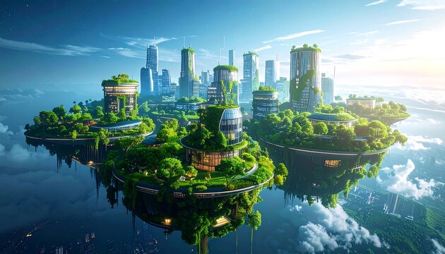 Lush, futuristic city islands floating on water