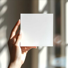 realistic image of a female hand with blunt nails first person view looking at a blank square paper mockup in size 15x15cm natural window light blurred background r