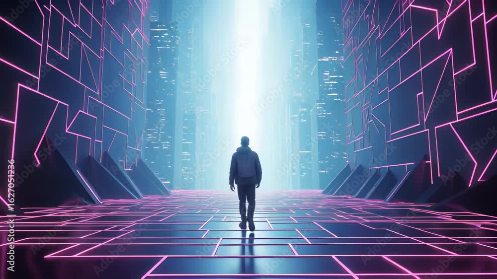 Poster futuristic journey of a lone figure through illuminated corridors of advanced technology
